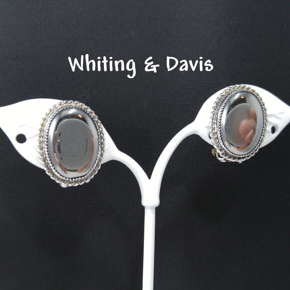 Vintage Whiting & Davis Hematite Earrings, Rhodium Plated - Picture 1 of 10
